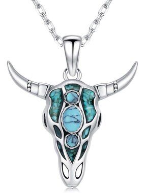 Women's Silver C Sterling Turquoise Pendant Highland Cow Skull Western Necklace